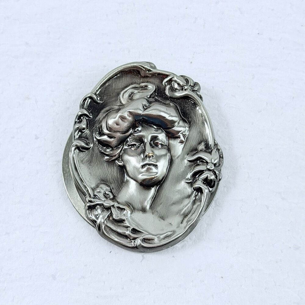 Vtg Lieba USA Scarf Clip Art Nouveau Gibson Girl Cameo Portrait Silver Tone